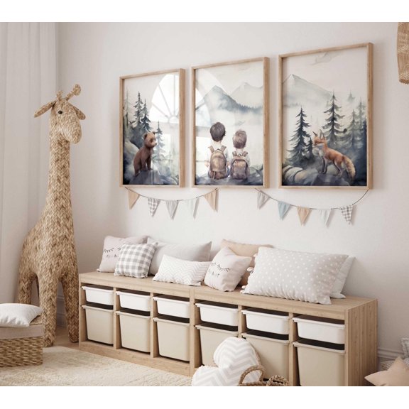 Brother Nursery Decor Boy Adventure Shared Brother Room Prints Woodland Animals Forest Art Set 3 Unframed Paper Print 16x24