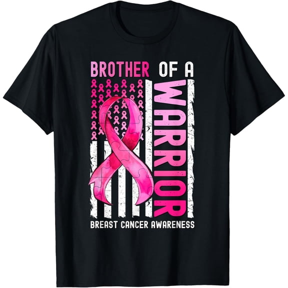 Brother Of A Warrior Breast Cancer USA Flag Awareness Pink T-Shirt