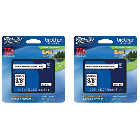 Brother P-Touch 2-Pk TZe-221, Black Print on White Standard Adhesive Laminated Tape, 0.35" x 26.2'