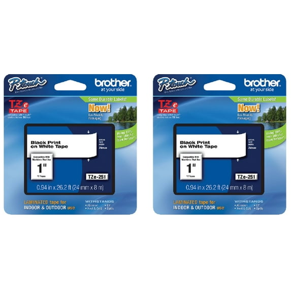 Brother P-Touch 2-Pk TZe-251 Black Print on White Standard Adhesive Laminated Tape, 0.94" x 26.2'
