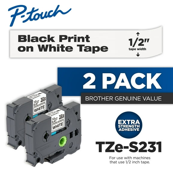 Brother P-Touch 2-Pk TZe-S231, Black Print on White Extra Strength Adhesive Laminated Tape, 0.47" x 26.2'