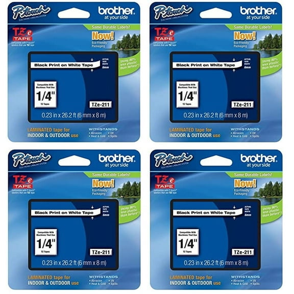 Brother P-Touch 4-Pk TZe-211 Black Print on White Standard Adhesive Laminated Tape, 0.23" x 26.2'