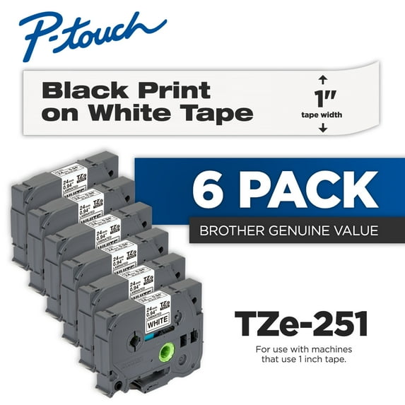 Brother P-Touch 6-Pk TZe-251, Black Print on White Standard Adhesive Laminated Tape, 0.94" x 26.2'