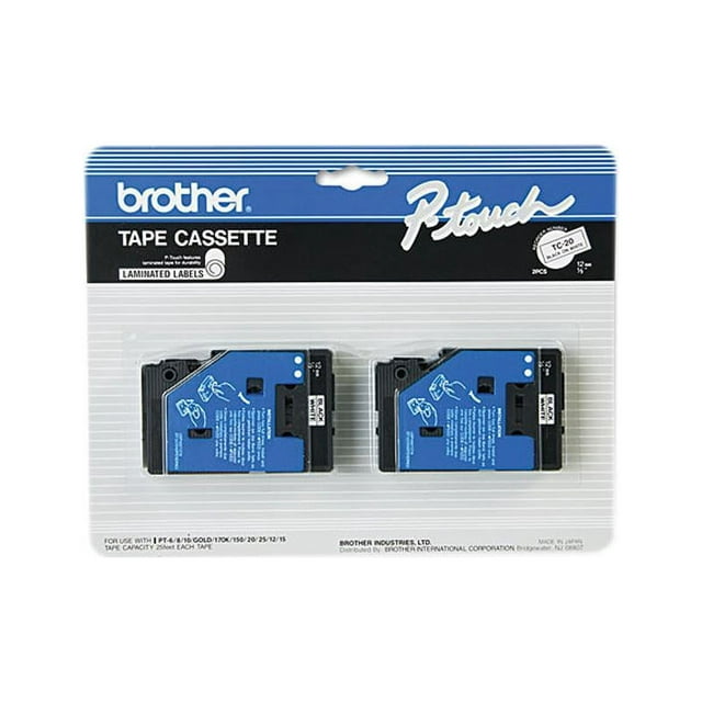 Brother P-Touch BRTTC20 TC Tape Cartridges for P-Touch Labelers, 1/2"w, Black on White, 2/Pack