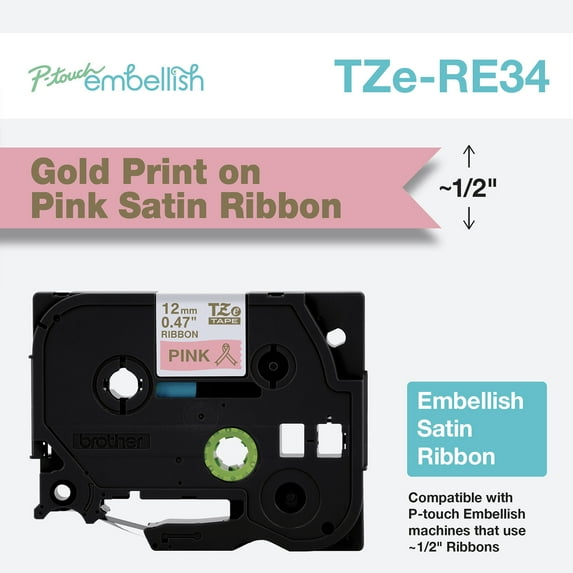 Brother P-Touch Embellish Gold On Pink Satin Ribbon, 0.47 In X 13.1 Ft, Tzere34