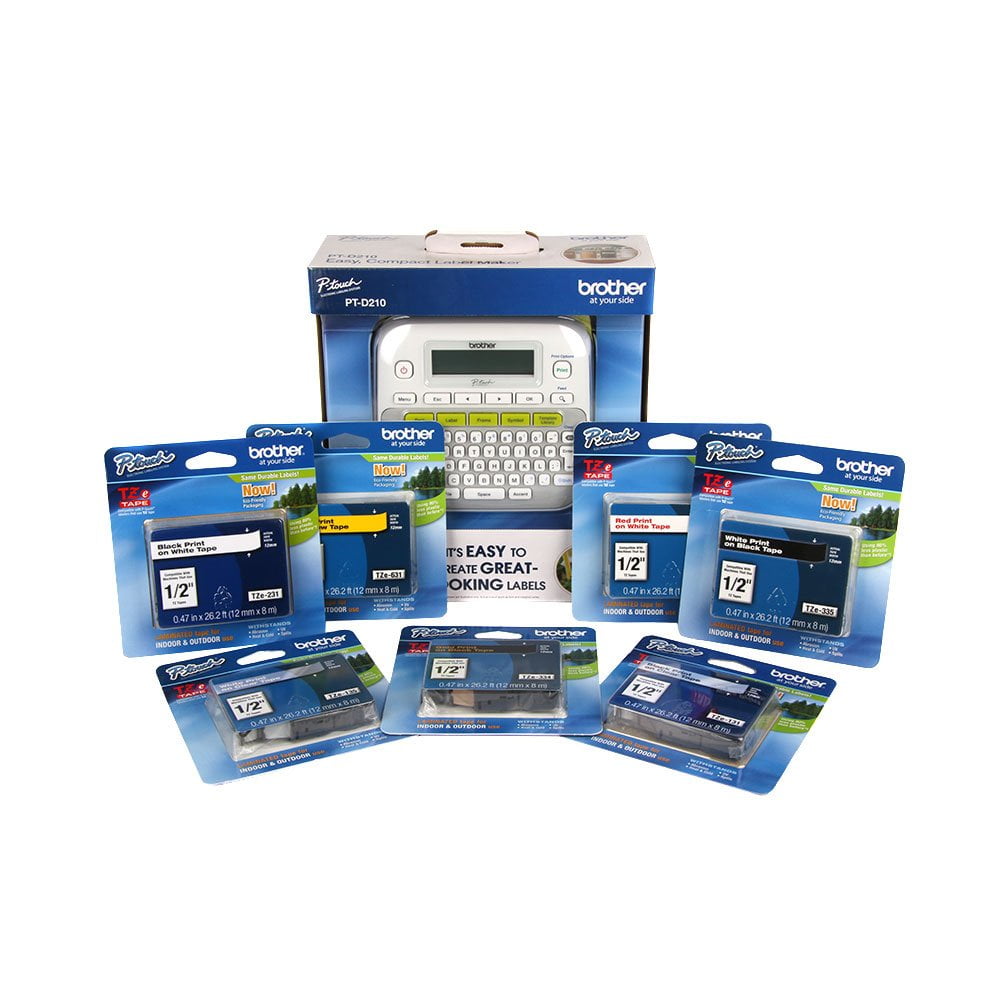 Brother PTouch PTD210 Label Maker and TZe Tape Color Value Bundle