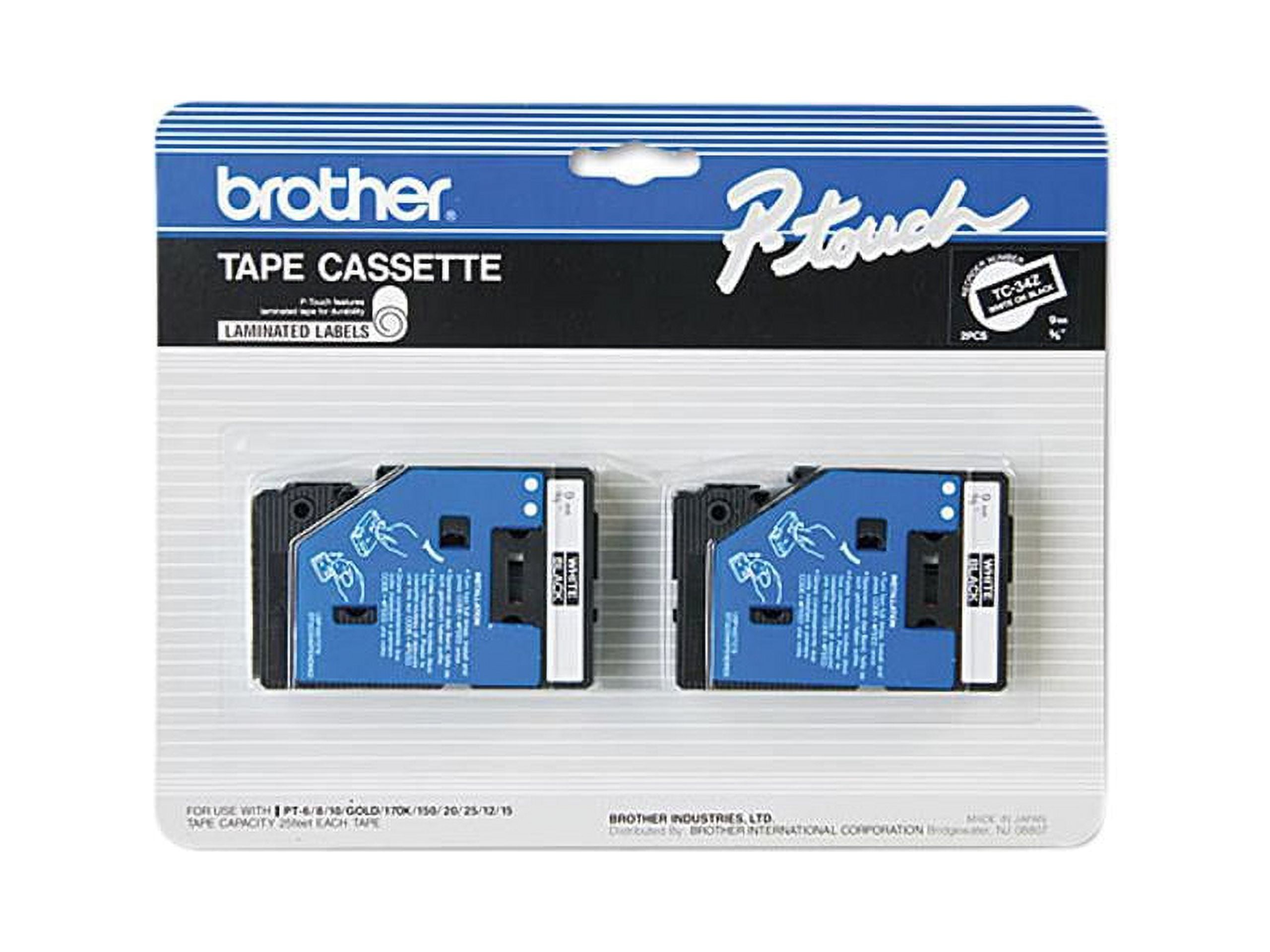 Brother P-Touch TC Tape Cartridges for P-Touch Labelers, 3/8"w, White on Black, 2/Pack