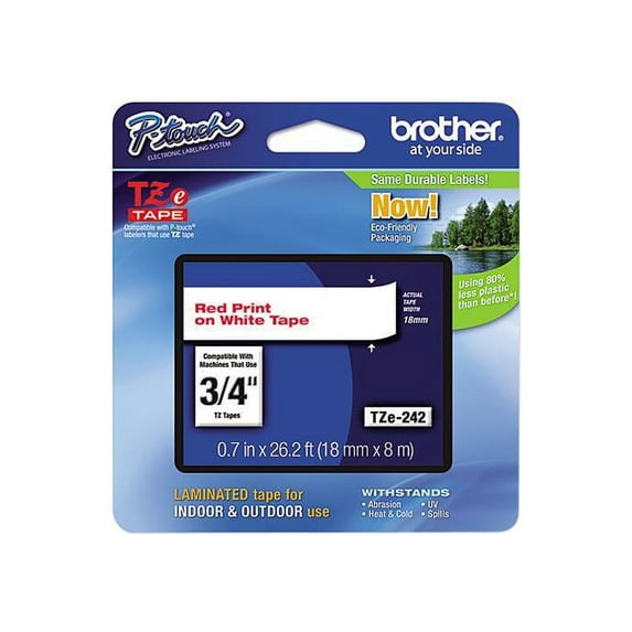 Brother P-Touch TZ Series Lettering Tape , 0.75"w, Red on White