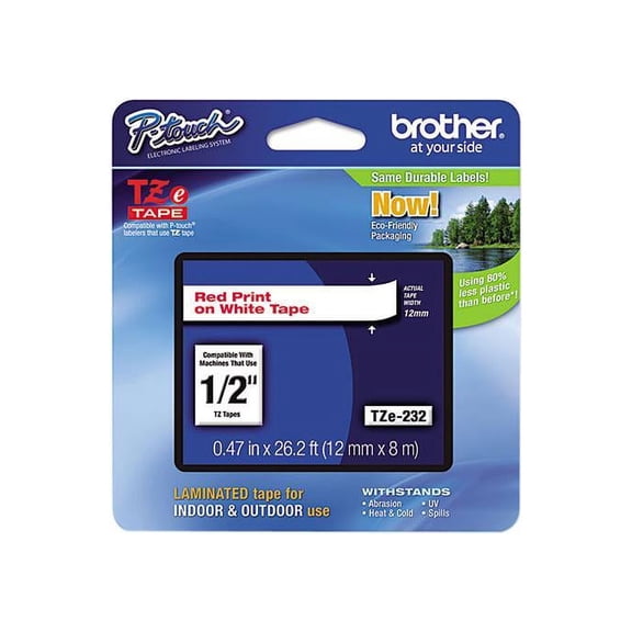 Brother P-Touch TZ Series Tape Cartridge , 0.5"w, Red on White