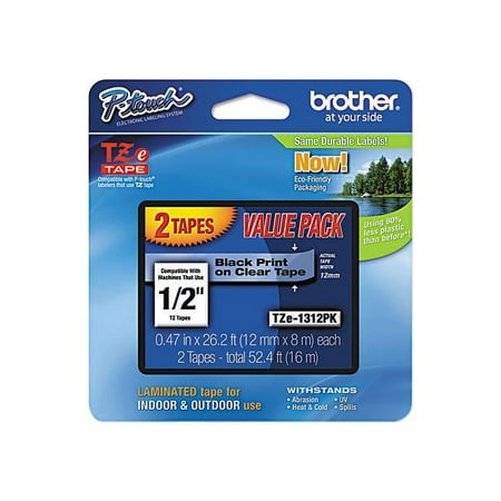 Brother P-Touch TZE1312PK Standard Adhesive Laminated Labeling Tapes, 1/2"w, Black On Clear, 2/pack