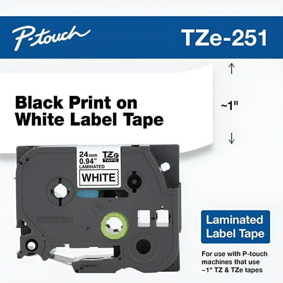 Brother P-Touch TZE2512PK TZe Standard Adhesive Laminated Labeling Tape, 0.94" x 26.2 ft, Black on White, 2/Pack