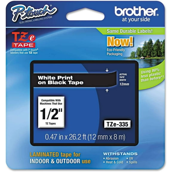 Brother P-Touch TZe335 Label Tape, 0.47" x 26.2 ft, White on Black, Laminated, 1 Roll Included