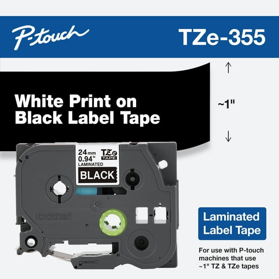 Brother P-Touch TZE355 Standard Adhesive Laminated Labeling Tape, 1" Width, White on Black