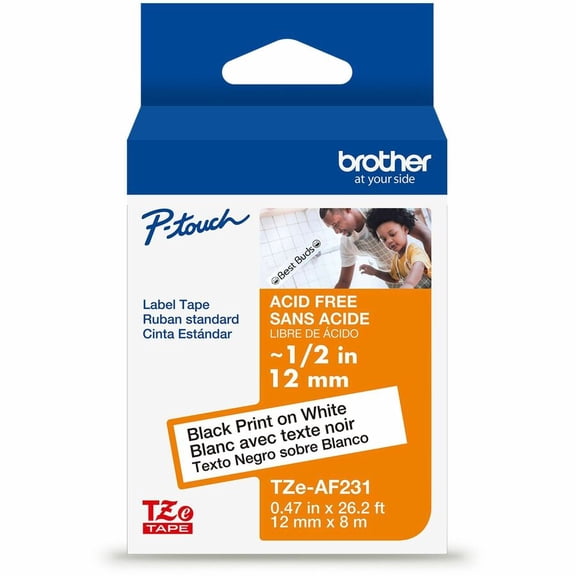 Brother Genuine P-touch TZeAF231 BK on WHT Label Tape, Acid-Free Laminated, 12mmX8m