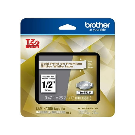 Brother P-Touch TZEPR234 Gold Print on Premium Glitter White Laminated Tape