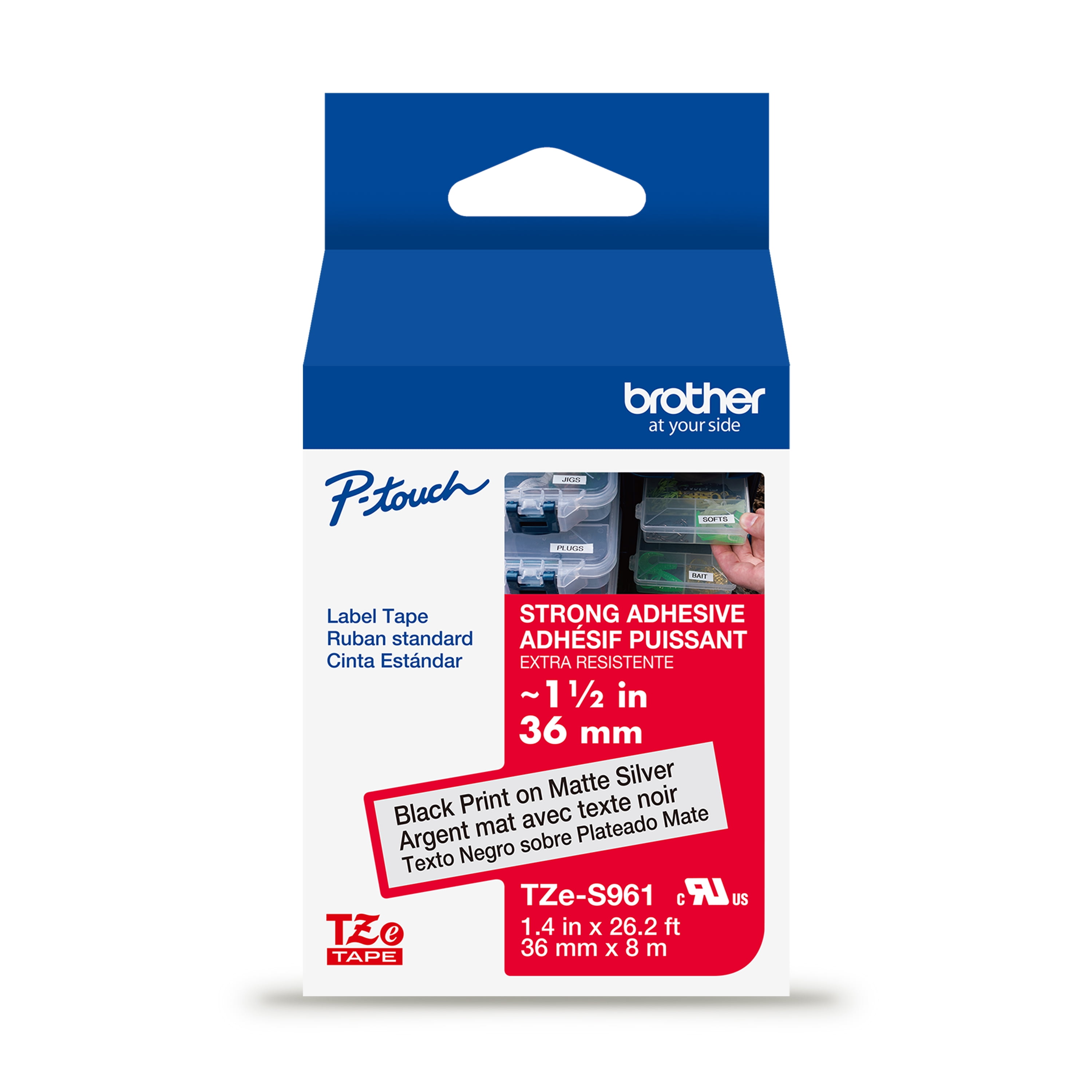 Brother P-touch TZeS961 Black Print on Matte Silver Label Tape, 1-1/2in (36mm) x 26.2ft (8m) Laminated, 1-Piece