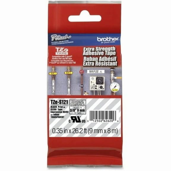 Brother P-Touch TZe Extra-Strength Adhesive Laminated Labeling Tape, 3/8"w, Black on Clear