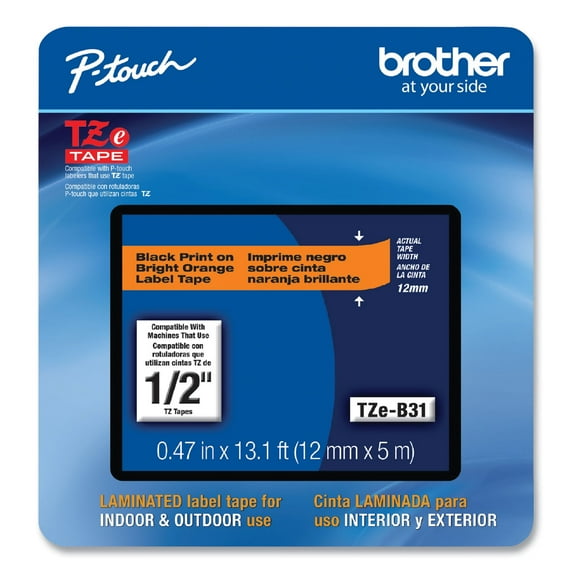 Brother P-Touch TZe Laminated Removable Label Tapes, 0.47" x 26.2 Feet, Black on Orange