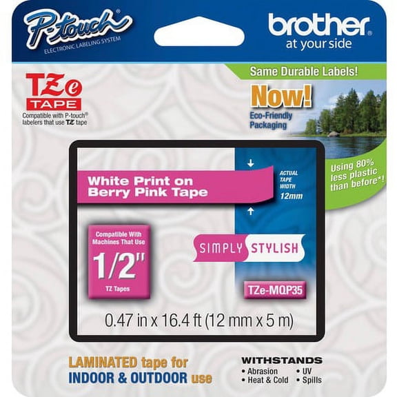 Brother P-Touch TZe Laminated Tape - 15/32" x 16 13/32 ft Length - Direct Thermal, Thermal Transfer - Berry Pink - 1 Each - Abrasion Resistant, Chemical Resistant, Fade Resist | Bundle of 5 Each