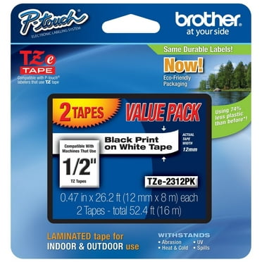 Brother P-Touch TZe2312PK 1/2" Standard Laminated Tape, Black on White, 26.2' (2 Pack)