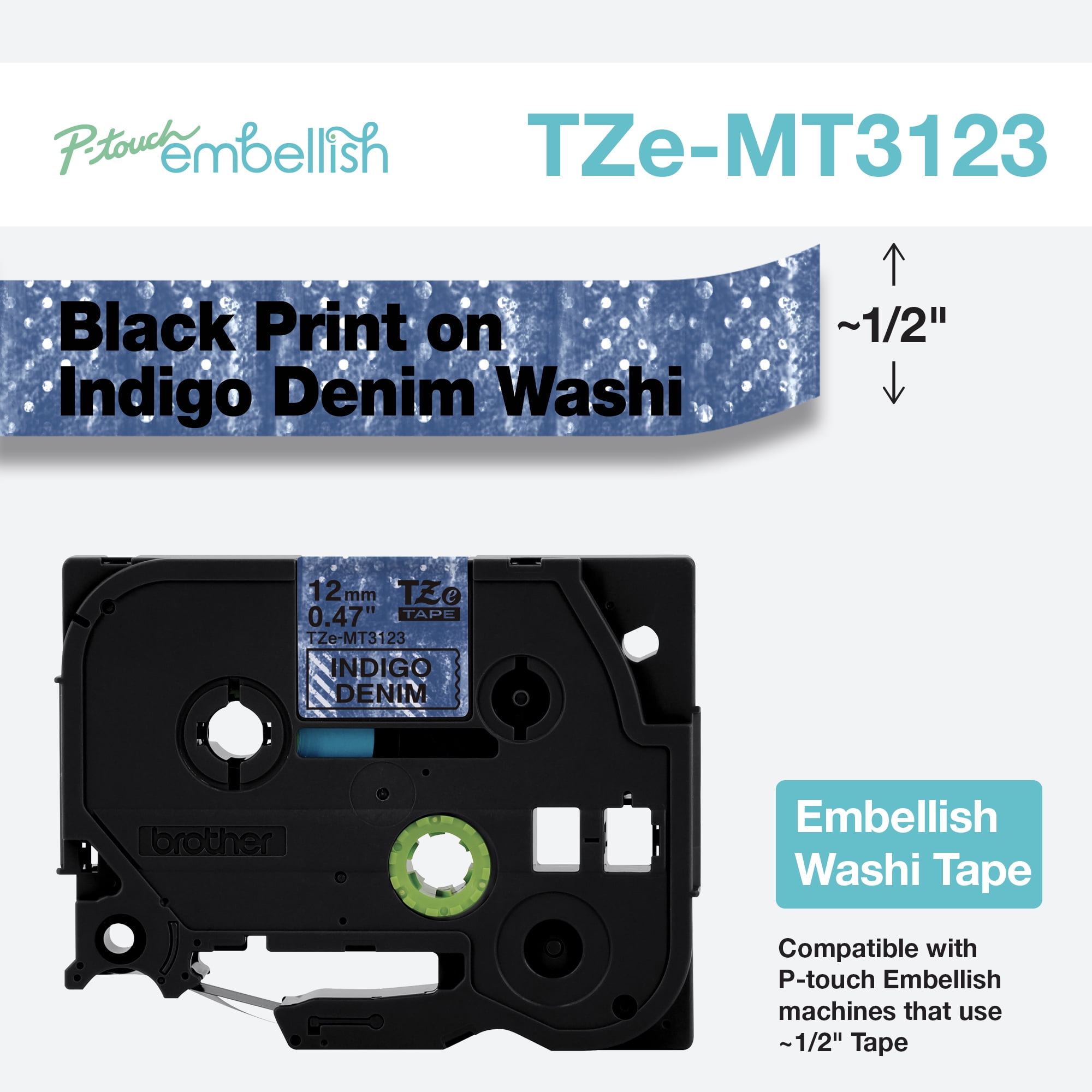 Brother P-touch Embellish 12 mm Black Print on Denim Washi Tape TZeMT3123