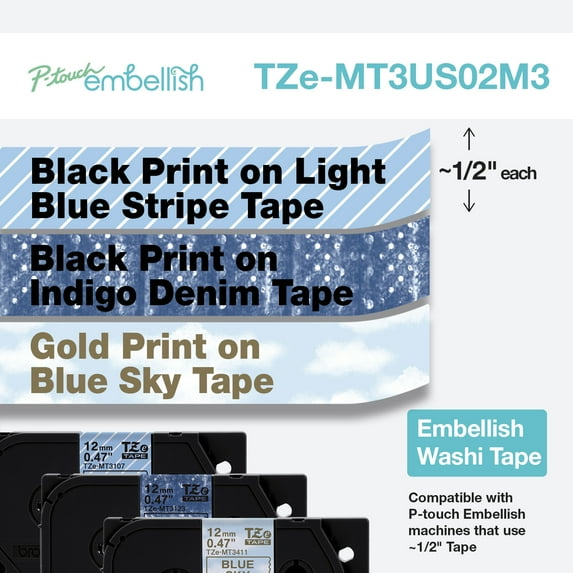 Brother P-touch Embellish 3-Pack Blue Washi Tape Assortment TZeMT3US02M3