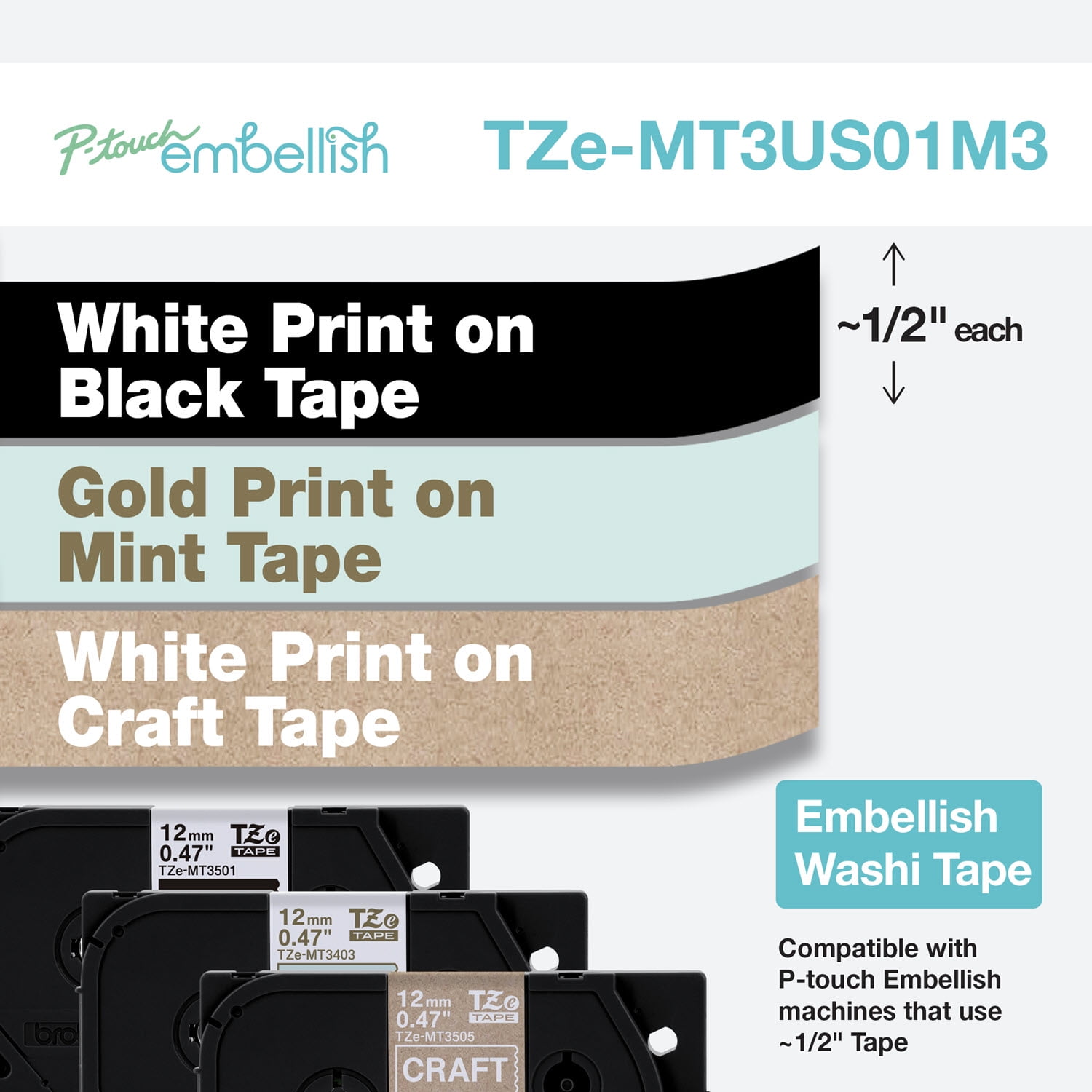 Brother P-touch Embellish 3-Pack Craft Washi Tape Assortment TZeMT3US01M3 - ~½” Wide x 13.1’ Long
