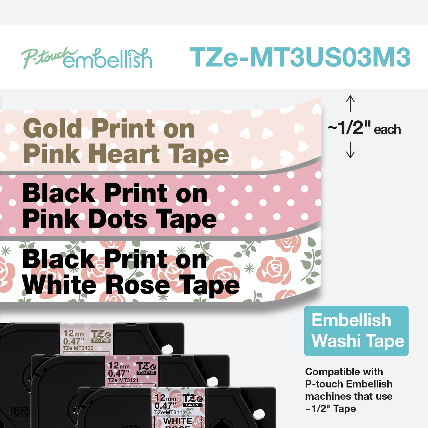 Brother P-touch Embellish 3-Pack Pink Washi Tape Assortment TZeMT3US03M3   ~1/2" inch x 13.1ft