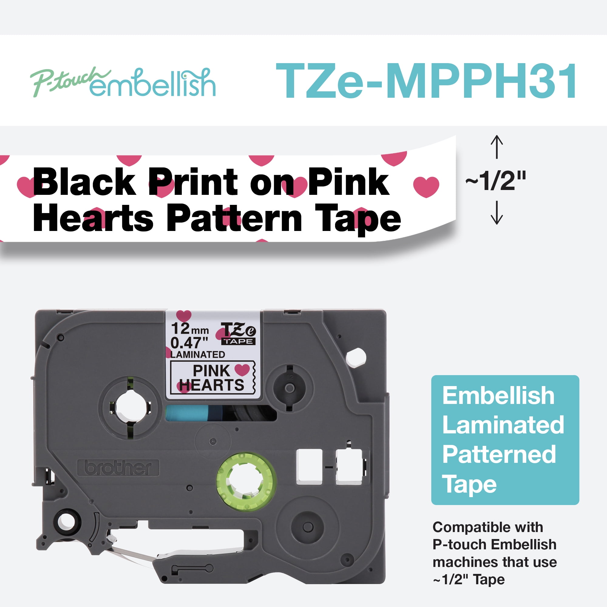 Brother P-touch Embellish Black Print on Pink Hearts Patterned Tape TZEMPPH31, 13.1' x .5", 1 per Pack