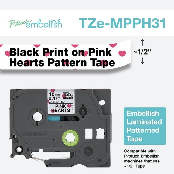 Brother P-touch Embellish Black Print on Pink Hearts Patterned Tape TZEMPPH31, 13.1' x .5", 1 per Pack
