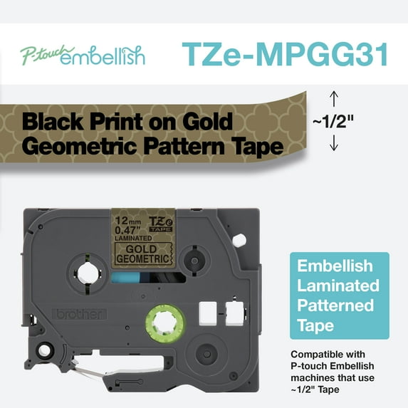 Brother P-touch Embellish Black on Gold Geometric Tape, 0.47 in x 13.1 ft, TZEMPGG31
