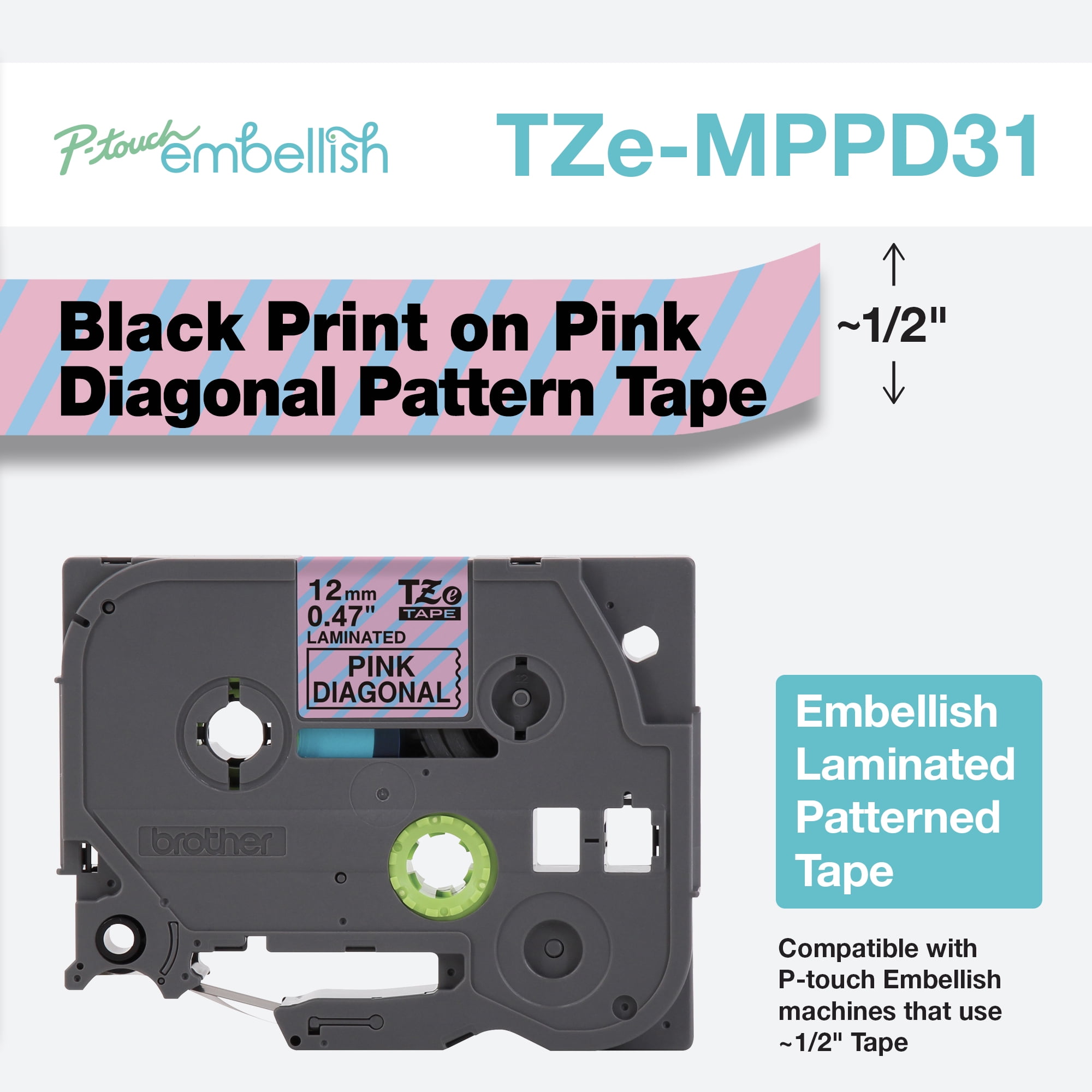 Brother P-touch Embellish Black on Pink & Blue Diagonal Patterned Tape TZEMPPD31