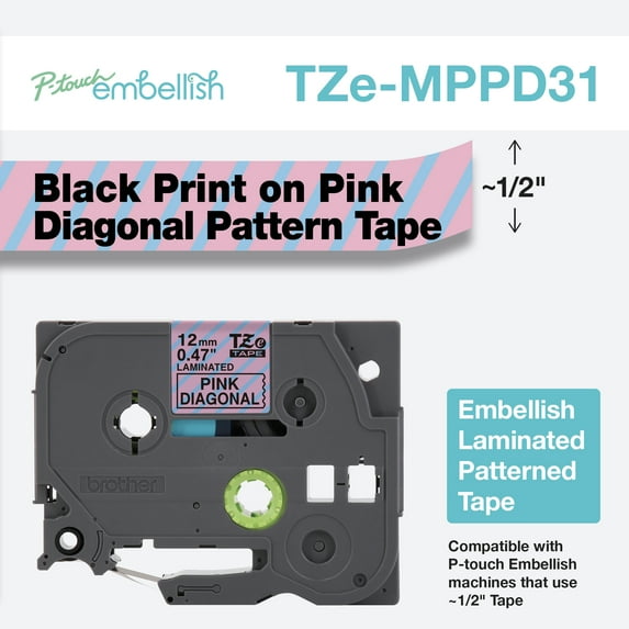 Brother P-touch Embellish Black on Pink & Blue Diagonal Patterned Tape TZEMPPD31