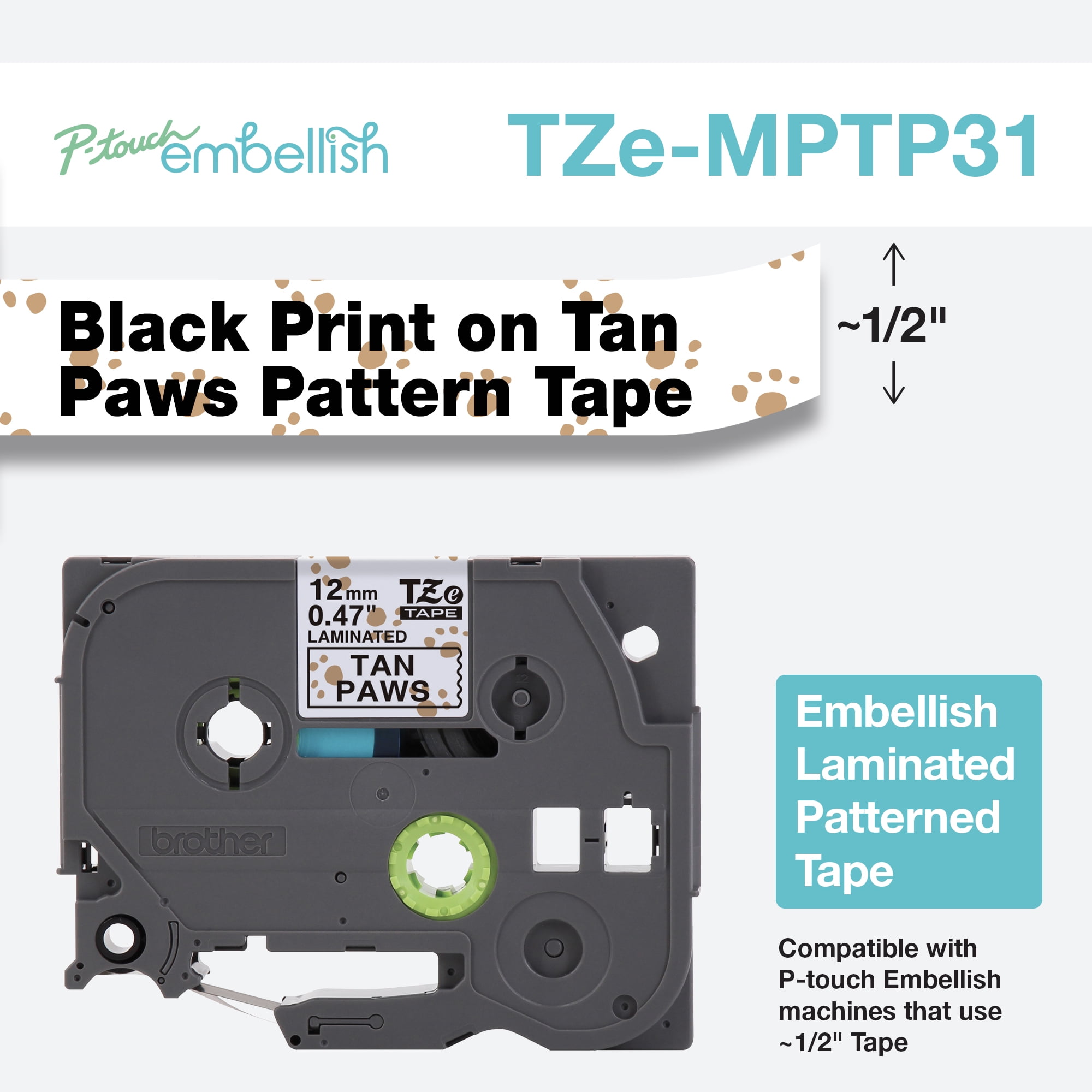 Brother P-touch Embellish Black on Tan Paw Print Patterned Label Tape TZEMPTP31
