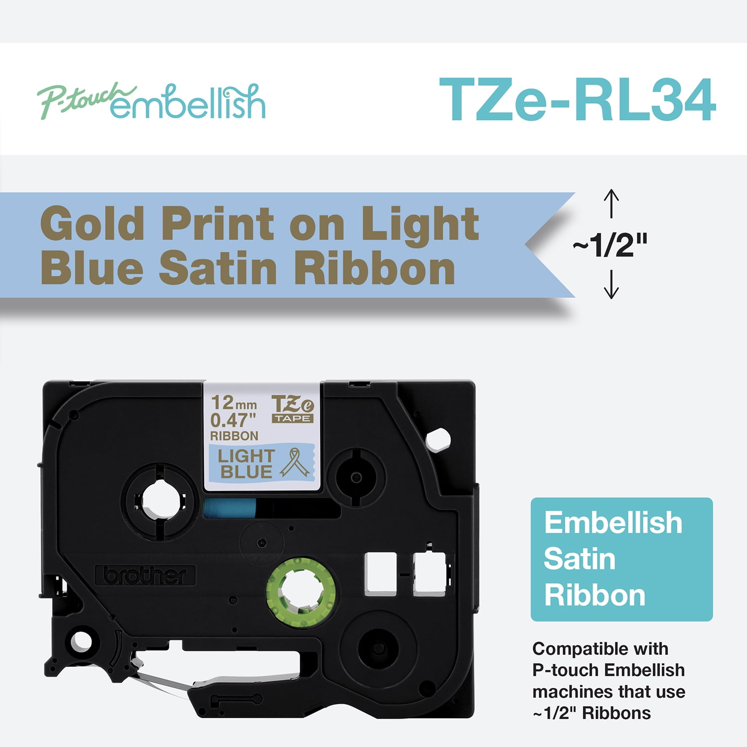 Brother P-touch Embellish Gold Print on Light Blue Satin Ribbon TZERL34, ½" in x 13.1ft, One per Case