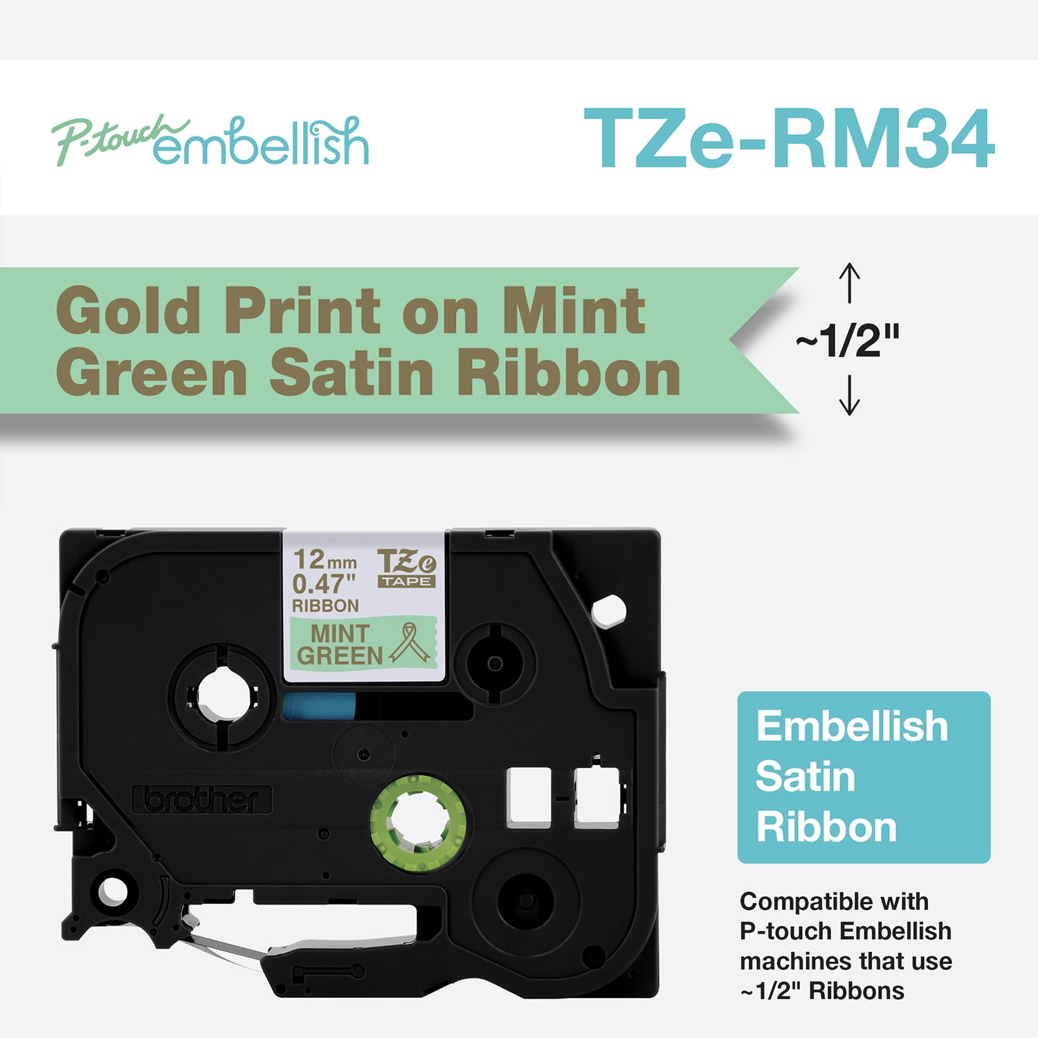 Brother P-touch Embellish Gold Print on Mint Green Satin Ribbon, TZERM34, .5" x 13.1', 1 Roll per Pack