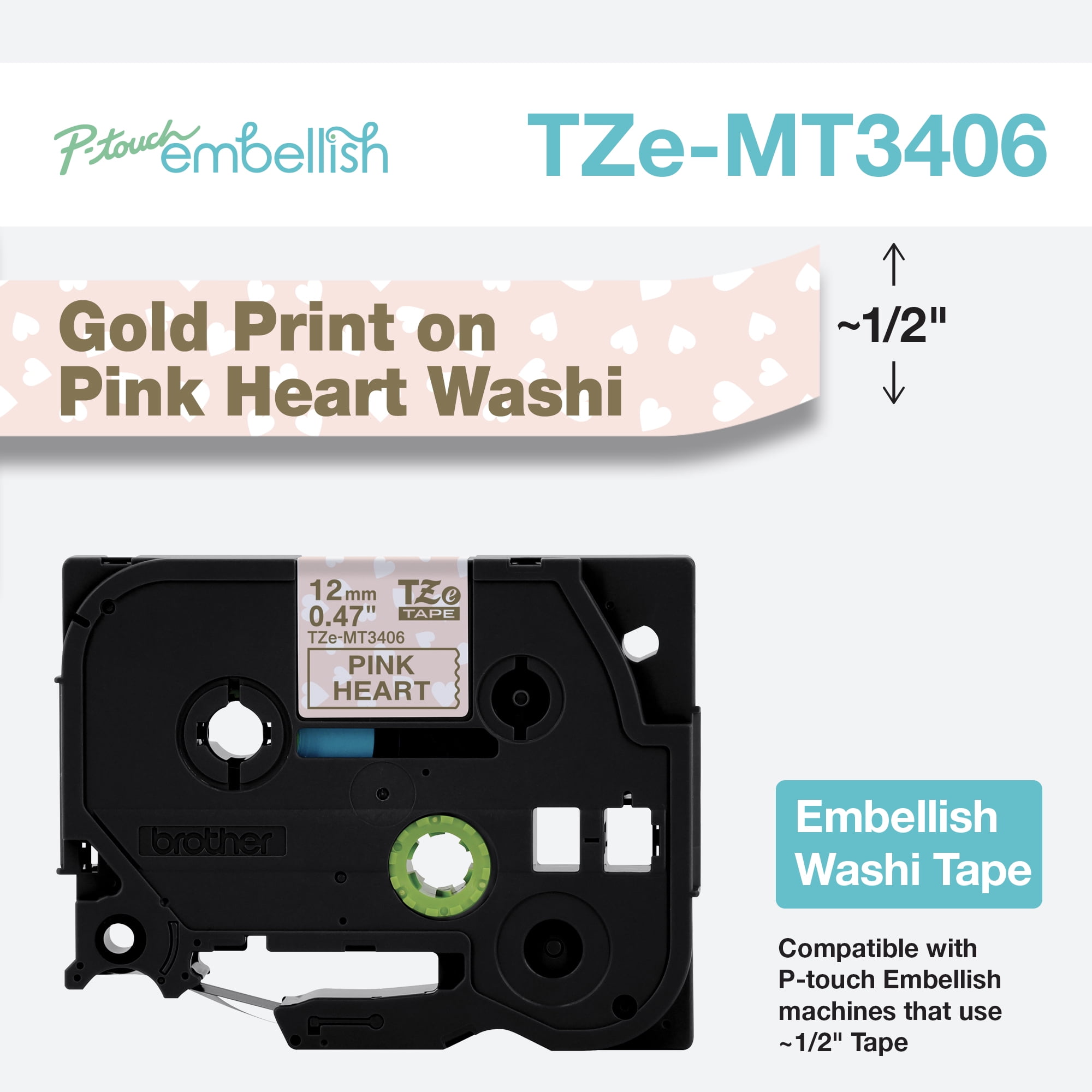 Brother P-touch Embellish Gold Print on Pink Hearts Washi Tape TZeMT3406