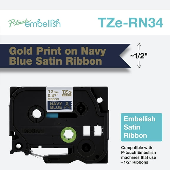 Brother P-touch Embellish Gold on Navy Satin Ribbon, 0.47 in x 13.1 ft, TZERN34