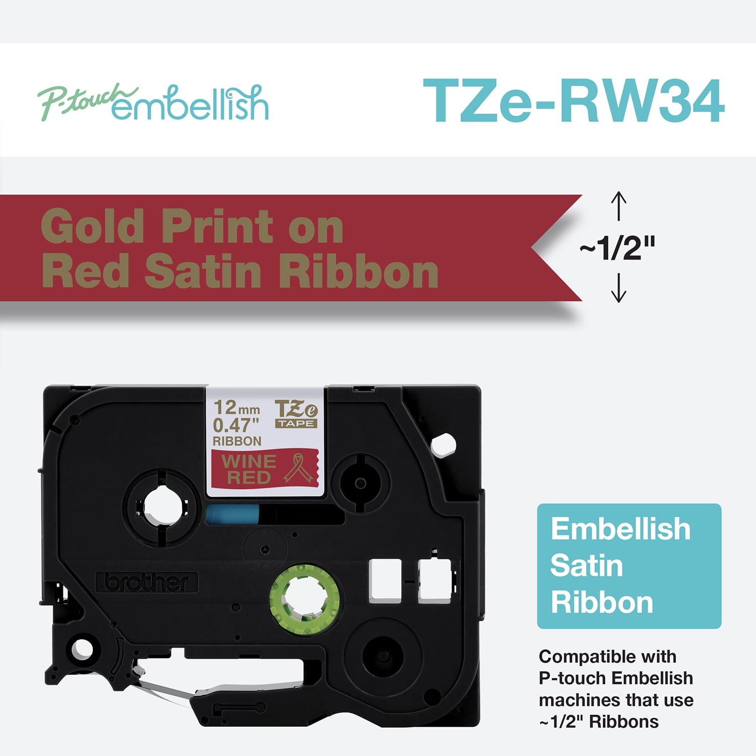 Brother P-touch Gold on Red Satin Ribbon, TZERW34, For Embellish Label Makers