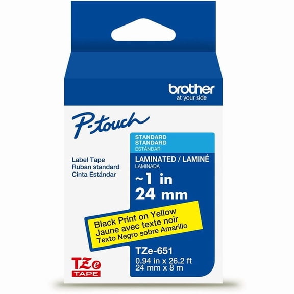 Brother Genuine P-touch TZe651 BK on YL Label Tape, Laminated, 24mmX8m