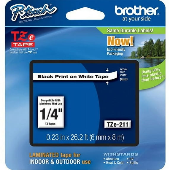 Brother P-touch TZe Laminated Tape Cartridges - 1/4" - Rectangle - White - 1 Each - Grease Resistant, Grime Resistant, Temperature Resistant | Bundle of 5 Each