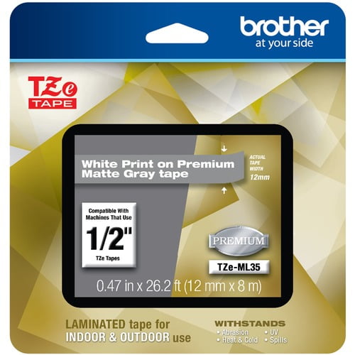 Brother TZe Premium TZeML35 Label Tape - Brother P-touch TZe-ML35 White Print on Premium Matte Gray Laminated Tape 12mm (0.47") wide x 8m (26.2') long