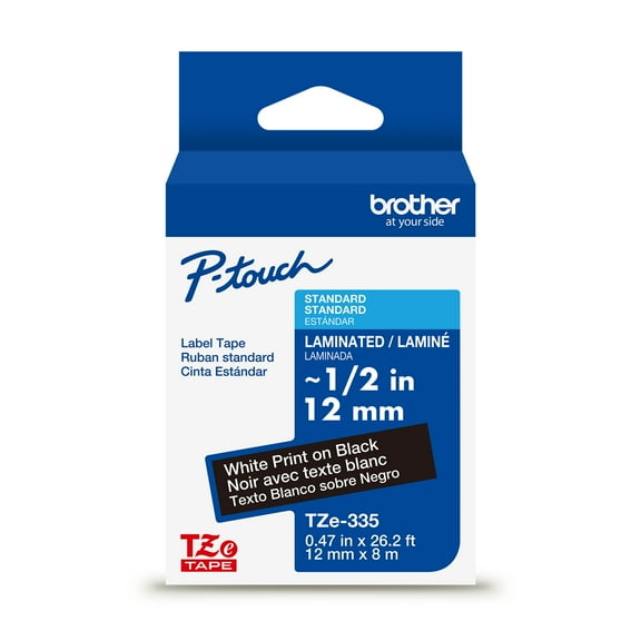 Brother P-touch TZe335 White Print on Black Label Tape, 1/2in (12mm) x 26.2ft (8m) Laminated, 1-Piece
