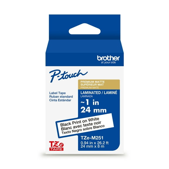 Brother P-touch TZeM251 Black Print on White Label Tape, 1 in x 26.2 ft Laminated, 1-Piece
