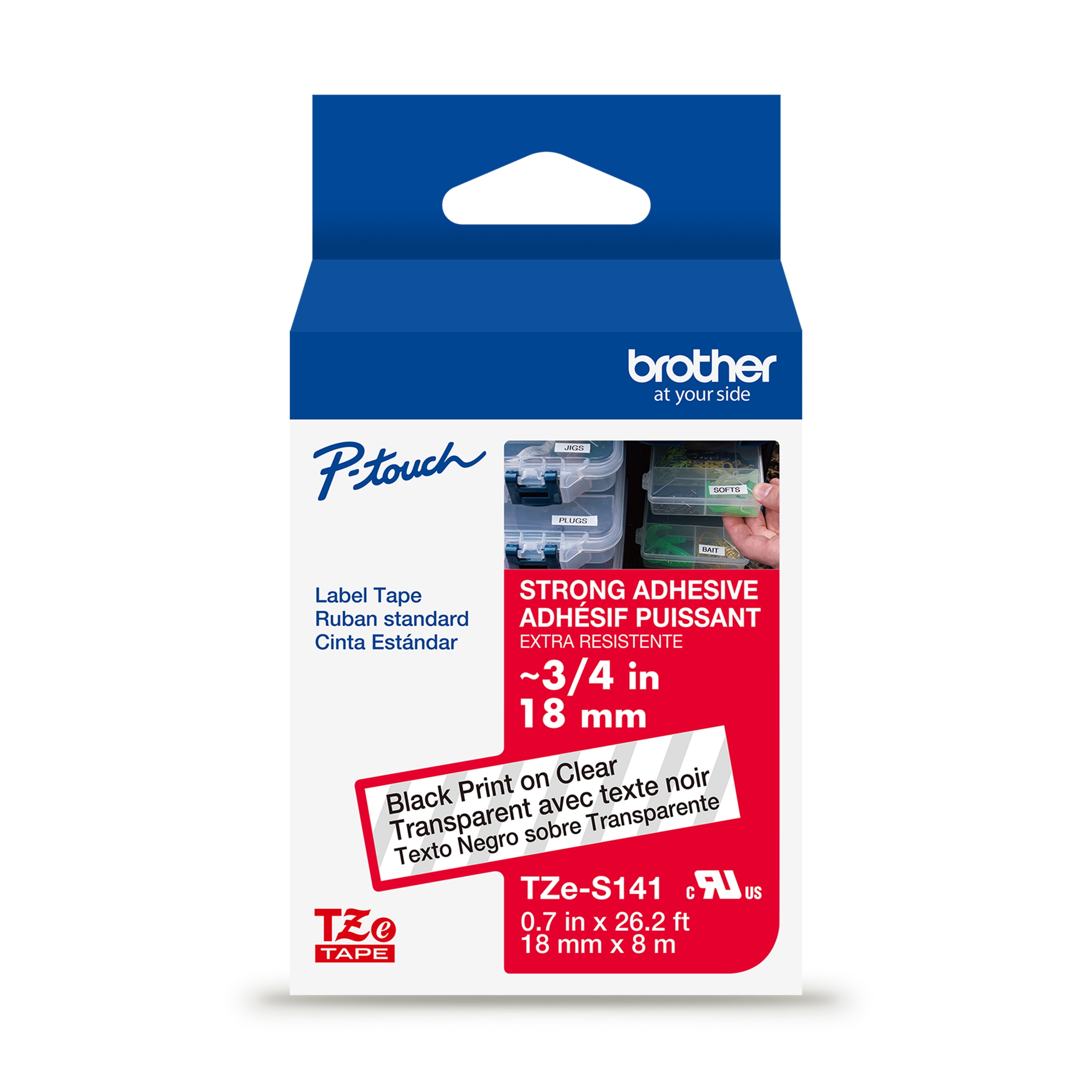 Brother P-touch TZeS141 Black Print on Clear Label Tape, 3/4in (18mm) x 26.2ft (8m) Laminated, 1-Piece