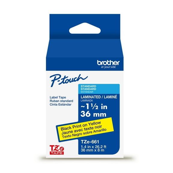 Brother P-touch TZeS661 Black Print on Yellow Label Tape, 1-1/2 in x 26.2 ft Strong Adhesive Laminated, 1-Piece
