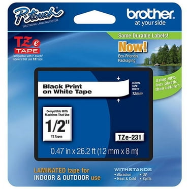 Brother P-touch Tze231, 1/2" (0.47") Black on White Standard Laminated Tape - 26.2 ft. (8m)