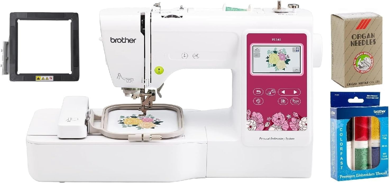 Brother PE545 Embroidery Machine with Wireless LAN, 3.7" Touchscreen, 4" x 4" Magnetic Hoop, Premium Embroidery Thread 6 Spools, 75/11 Size Needles 100 Count