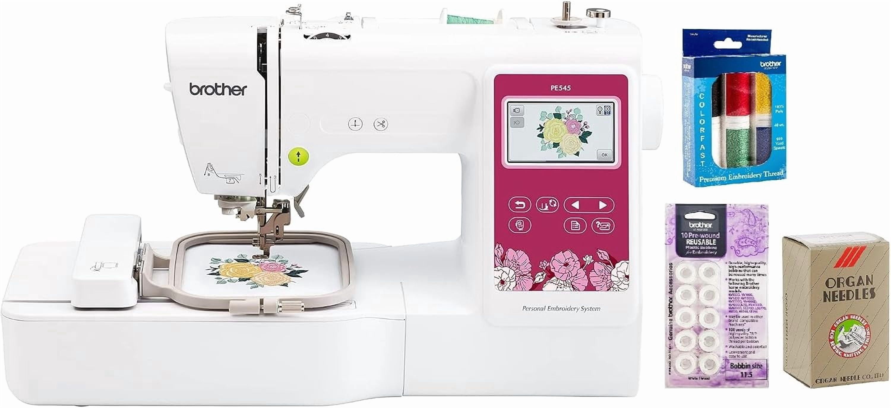 Brother PE545 Embroidery Machine with Wireless LAN, 4" x 4" Hoop Area, 3.7" Touchscreen, Premium Embroidery Thread 6 Spools, White Pre-Wound Bobbins 10 Count, 75/11 Size Needles 100 Count