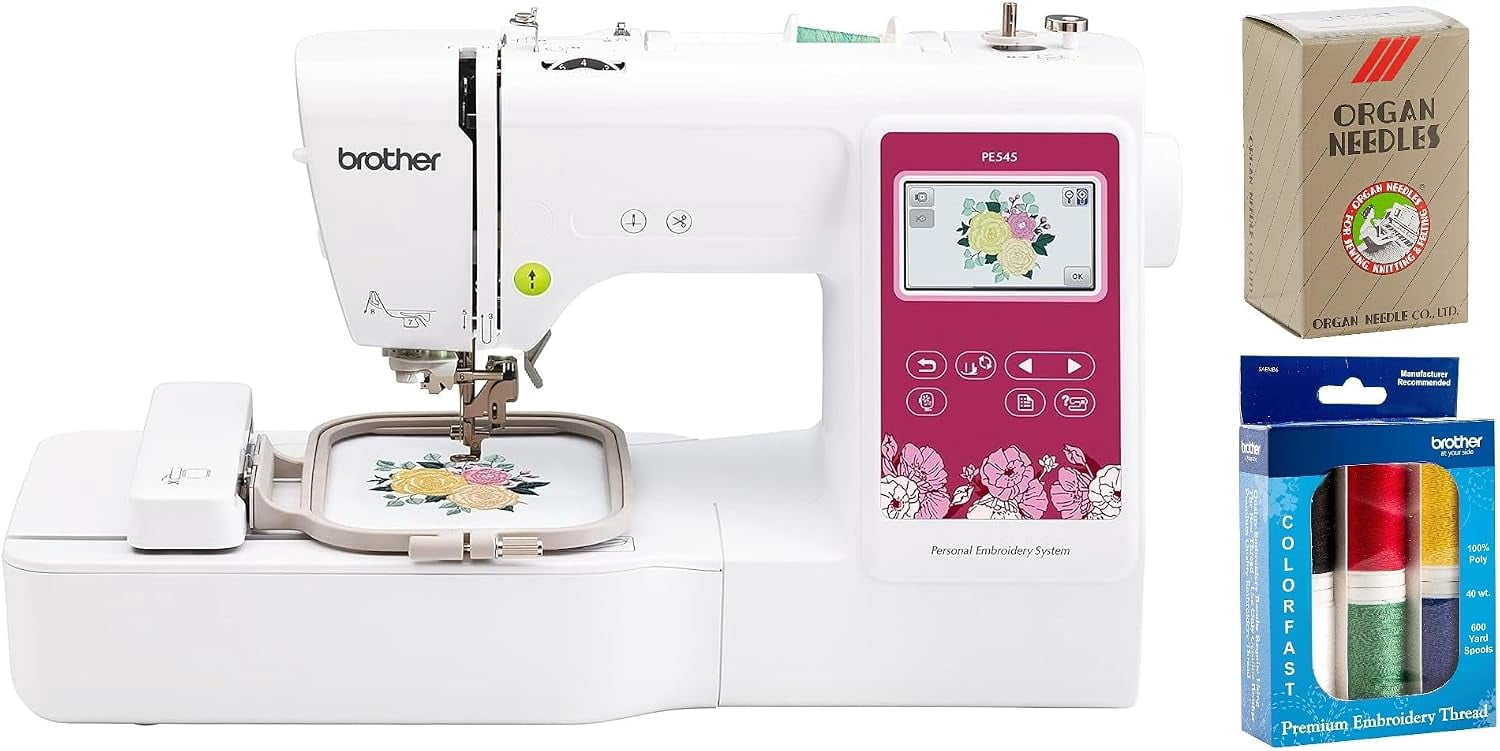 Brother PE545 Embroidery Machine, Wireless LAN Connected, 135 Built-in Designs, 4" x 4" Hoop Area, Premium Embroidery Thread 6 Spools, 75/11 Size Embroidery Needles 100 Count